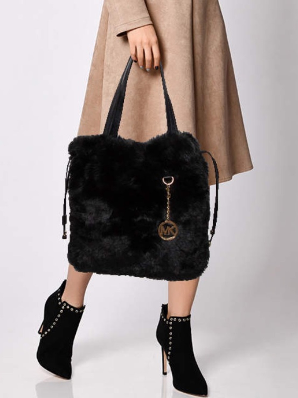 Michael Kors Black Faux Fur Tote with Suri Logo Gold MK Charm
